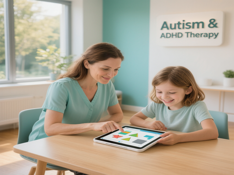 Therapist guiding a young child through device-based autism therapy at Neuro Revolution International, Pune.