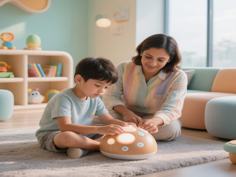 A child engaged in device-based autism and ADHD therapy with a psychologist at Neuro Revolution International in Pune — showcasing modern, non-invasive treatment methods.