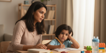 Indian mother observing early signs of ADHD and autism in child at home