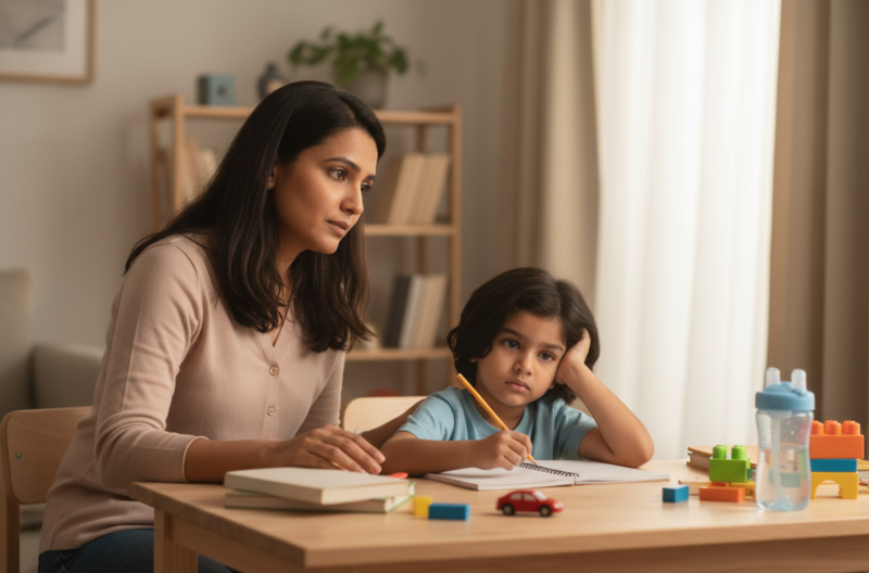 Indian mother observing early signs of ADHD and autism in child at home