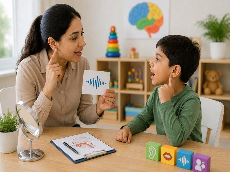 Child participating in speech therapy to support auditory feedback and speech development