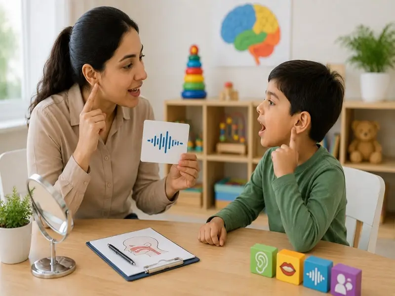Child participating in speech therapy to support auditory feedback and speech development