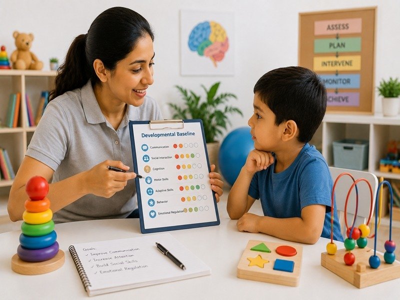 Therapist assessing a child's developmental skills to create personalized therapy goals