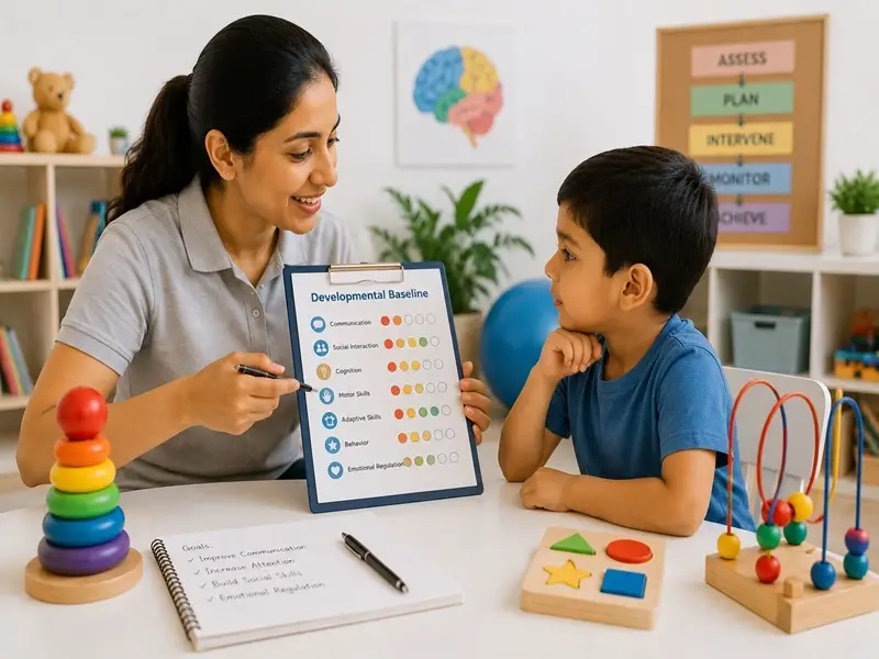 Therapist assessing a child's developmental skills to create personalized therapy goals
