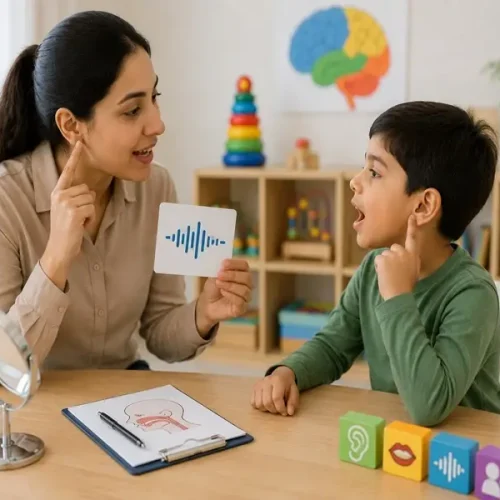 Child participating in speech therapy to support auditory feedback and speech development