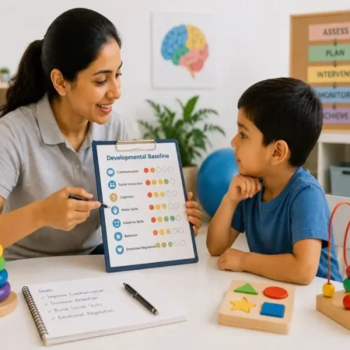 Therapist assessing a child's developmental skills to create personalized therapy goals